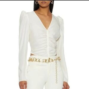 FRAME Agnes Ruched Puff Sleeve V-Neck Off‎ White 100% Silk Cropped Blouse Size M